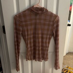 Forever 21 Rust Plaid Mock Neck Long-Sleeve Top